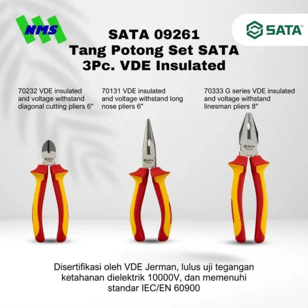 SATA 3-Piece VDE Insulated Pliers Set – 8" Linesman, 6" Diagonal & Long-Nose – Chrome Vanadium Steel, 1000V Rated, Anti-Slip Grips – ST09261SJ